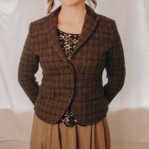 Forest Green Tweed Plaid THEORY Blazer w/ Black Elbow Patches